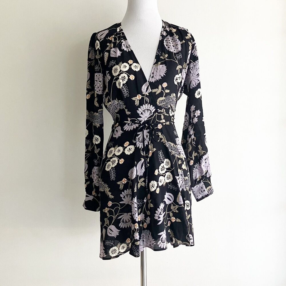 Reformation Floral Print Long Sleeve Wrap Mini Dress Size Small Black Purple